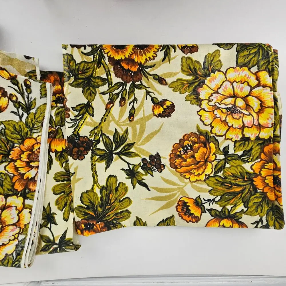 VTG MCM 70s gold green orange floral upholstery home decor fabric